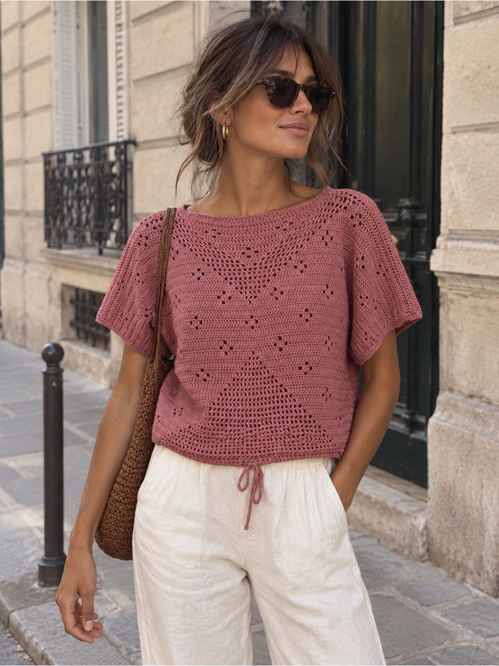 Hand Crocheted Artisan Cotton Top Pink Eyelet Boxy Fit Boho Cottagecore